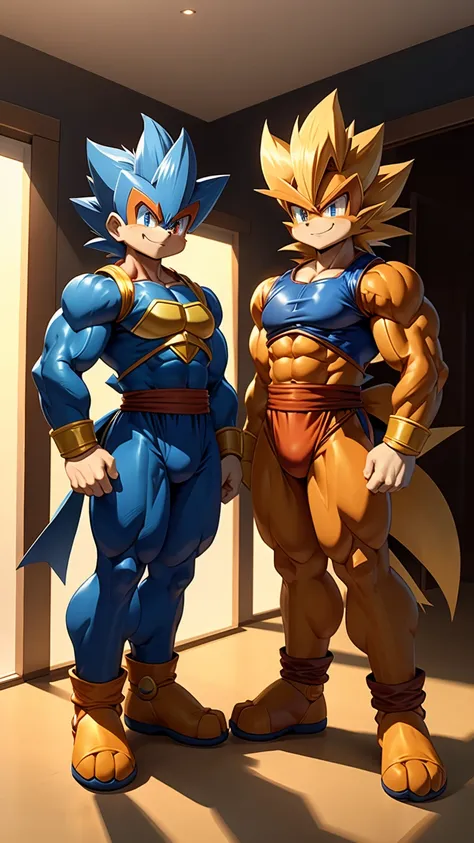 Highest quality,Full body image,2boys,Super Saiyan Rockman EXE and Son Goku in Rockman EXE clothes