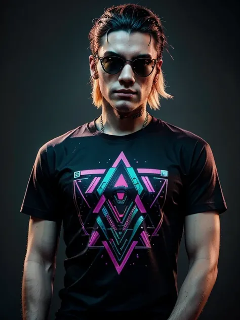 A strikingly stylish man wearing custom designed tshirt, tshirt has cyberpunk design, elements of cyberpunk on tshirt