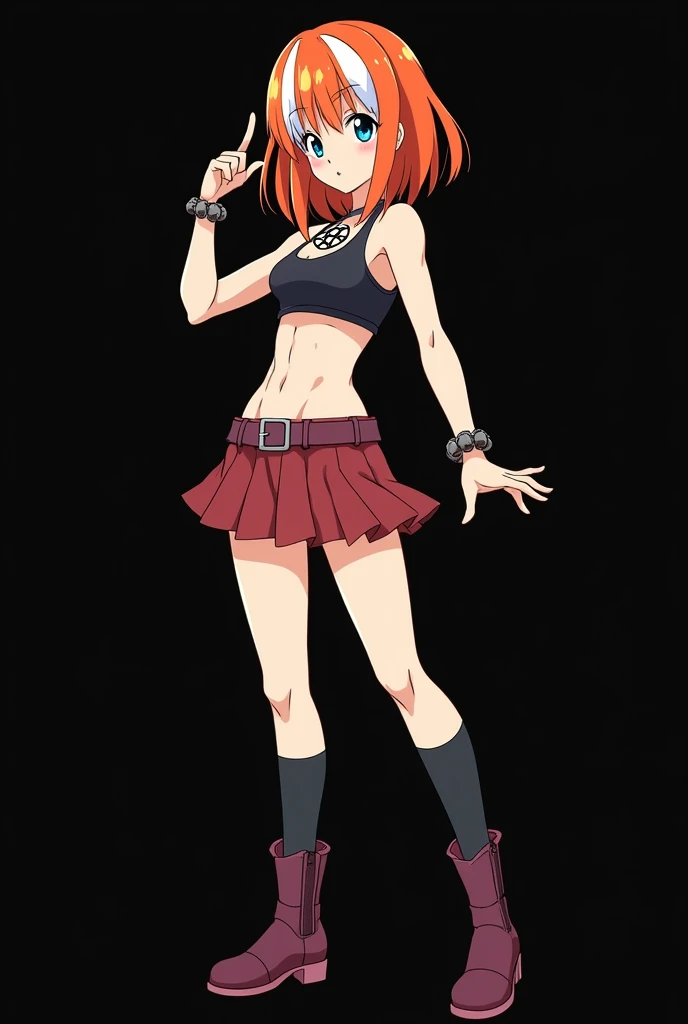 A full body image of an 1 girl named Hana Watanabe, personagem do anime "dragonball z", she is very beautiful, with medium length straight fire-colored hair with two white highlights in the front, framing your face. She has blue-green eyes and pale skin.. ...