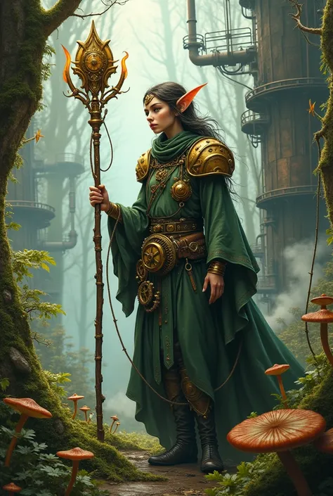 create a steampunk elf druid