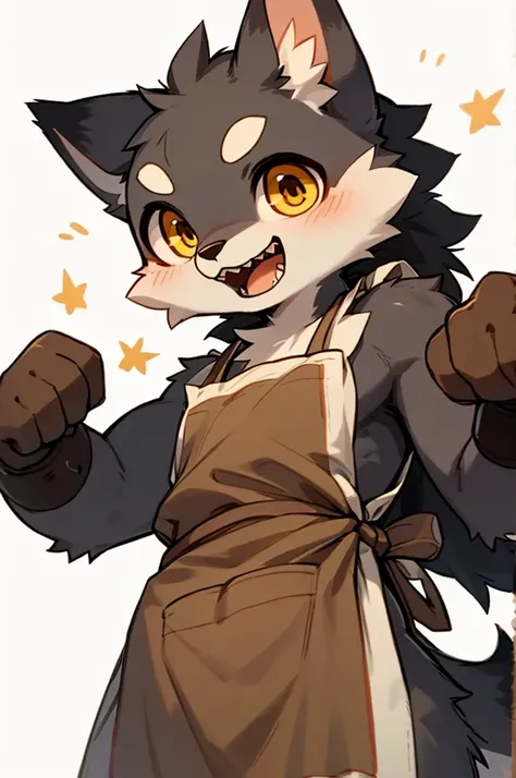 close-up, upper body POV, bust, furry, anthro, kemono, male werewolf, fluffy wolf ears, fluffy wolf tail, ((dark grey and white fur)), messy fur, cute yellow eyes, sharp teeth, mini body, handsome, cute, short, really short, stubby arms and legs, chibi, ((...