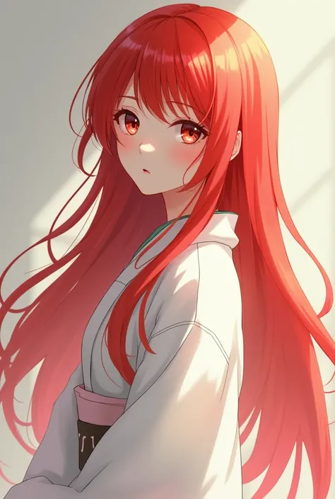 A beautiful girl with red hair, anime styling, wearing a white kimono.