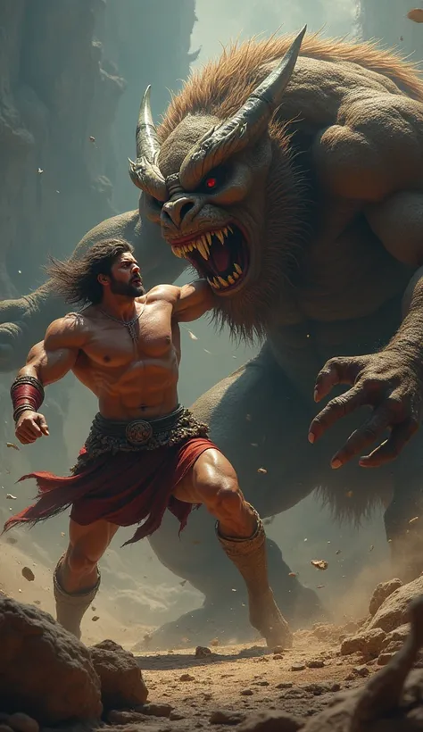 a mythological male figure, Heracles, defeating a creature, highly detailed, intricate, cinematic, dramatic lighting, epic, digital painting, 8K, photorealistic, (best quality,4k,8k,highres,masterpiece:1.2),ultra-detailed,(realistic,photorealistic,photo-re...