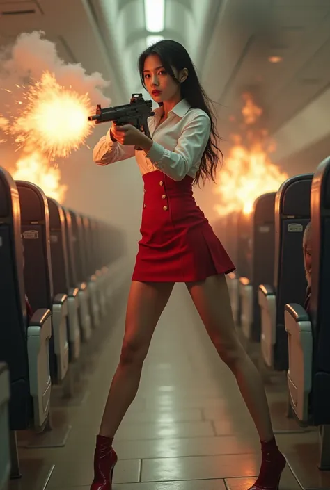 beautiful chinese flight stewardess mini skirt realistic machine gun toting toting hip firing real person legs apart standing rampage shooting side target facing


