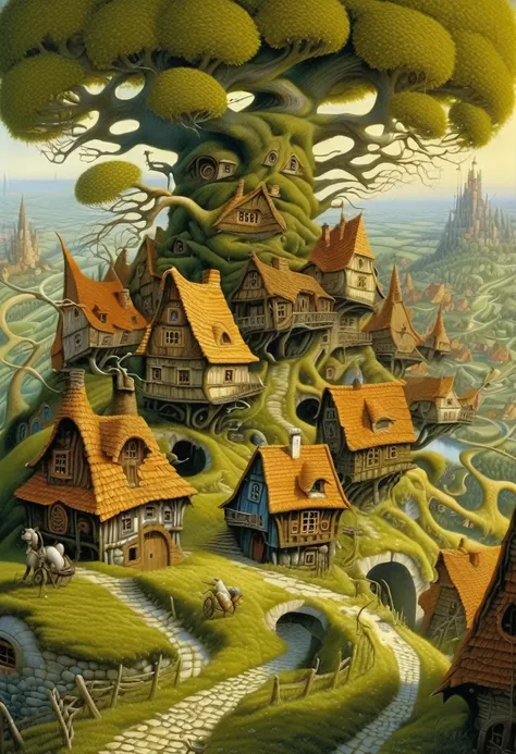 Gnarled branches Wide fairytown wonky shire spiraling villages , by Jacek Yerka , Woodroffe, Pranckevicius, Alexander Jansson