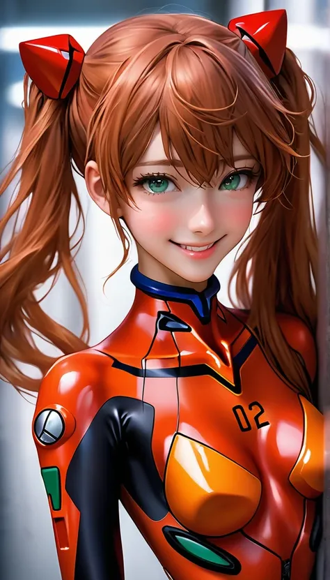 full body real - Live - action adaptation of a 3d character of Asuka Langley Soryu in a sexy plugsuit, charming face, NeonGenesis Evangelion cool expression. blush, breasts, looking at the viewer, smile, masterpiece, The best quality, anatomically correct,...