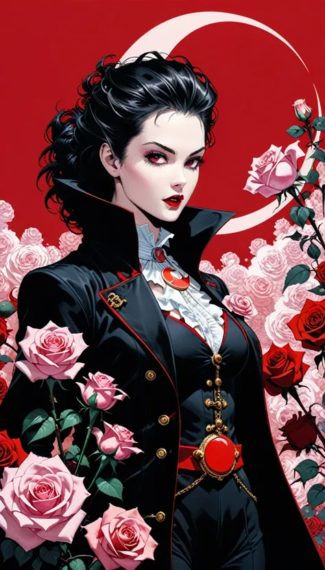 in style of Ashley Wood,in style of Nick Veasey,
(2d comic style:1.7),(1990-е годы (style):1.7),(vampire hunter D style:1.4),Charlotte, aristocratic girl close up,bright colors,
break
(rose quartz:1.3),(red crescent background:1.4),spicy,spicy image,(incre...