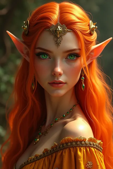 highelf,orange skin green eyes , long  hair , plump lips prince man pointy ear 