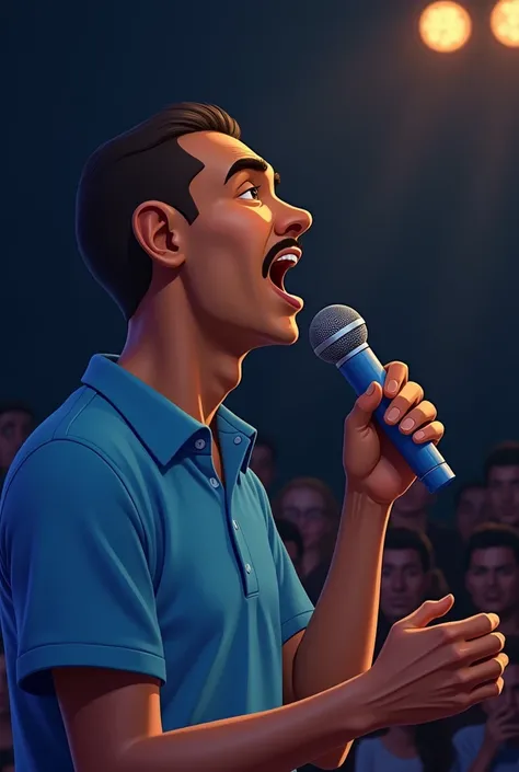 one  men (brazileiro) thin brown skin color calvise type M with a thin little mustache with a blue polo shirt holding a blue pen singing at a concert that everyone is crying for the beautiful song of the blue pen