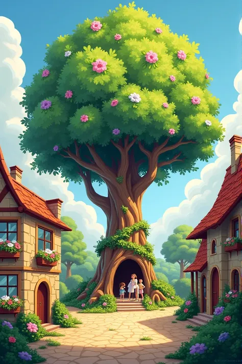 “Illustrate a quaint, small village with a vibrant tree in the center known as the Kindness Tree.