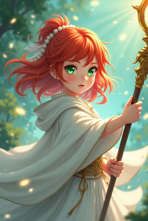 A beautiful red-haired girl carrying a magic staff, anime styling, wearing a white cloak.