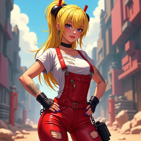 BLONDE WOMAN STANDING FRONT MUSCULAR SENSUAL YELLOW BLONDE HAIR RIPPED PUNK SHIRT RED LATEX OVERALLS ,Create a COLORFULL-clothed female anime character in a bot model