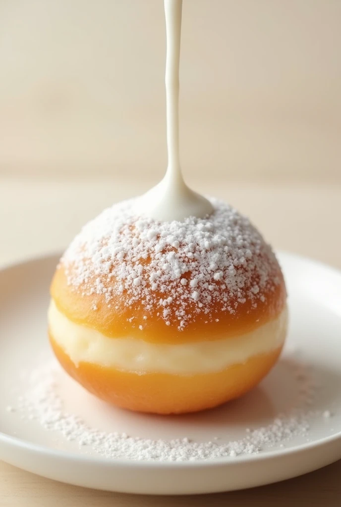 Create an image of a single, enticing mochi donut ball, elegantly covered in a generous layer of powdered milk. The mochi ball should have a soft, white appearance from the powdered milk coating, which should be evenly distributed and give a delicate, velv...