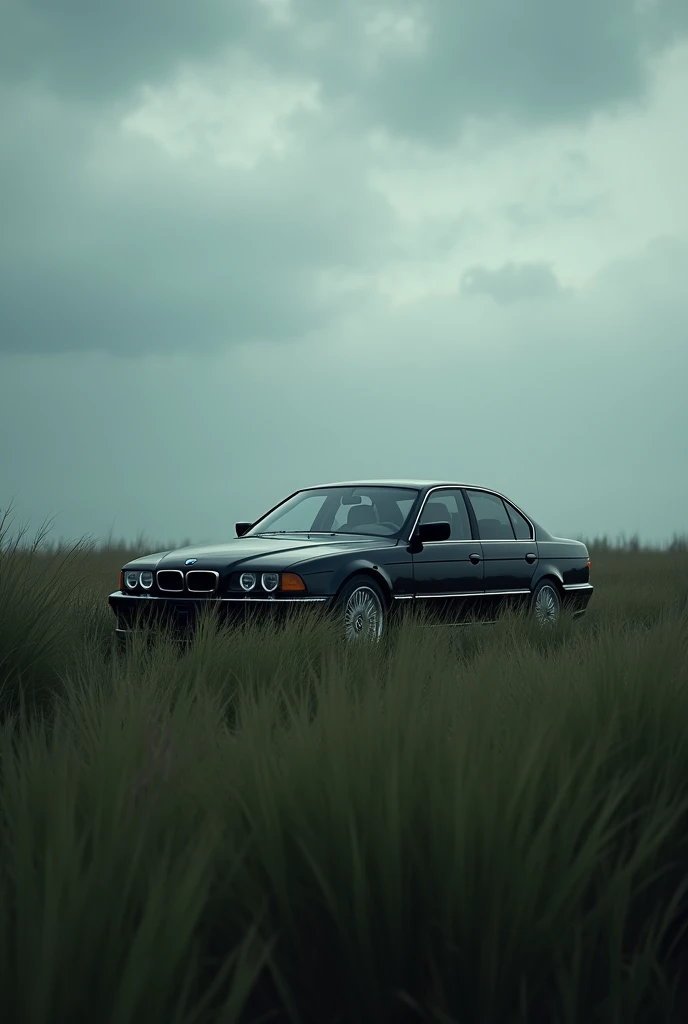 Siyah bmw e38 arkadan park edilmiş, ucsuz bucaksiz long grass, kotu siyah bulutlu hava, long grass