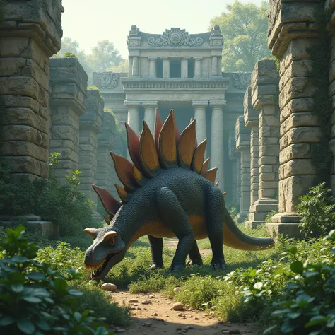 A stegosaurus forages in front of a crumbling old ruin of vaguely Meso-American design.