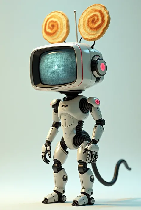 A robot with a television head and a tail with two pancakes on its head 