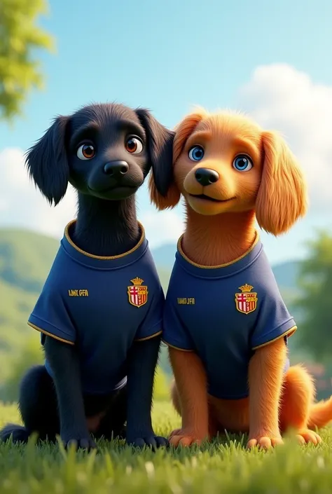 A black dog and a caramel dog wearing a Vasco shirt
