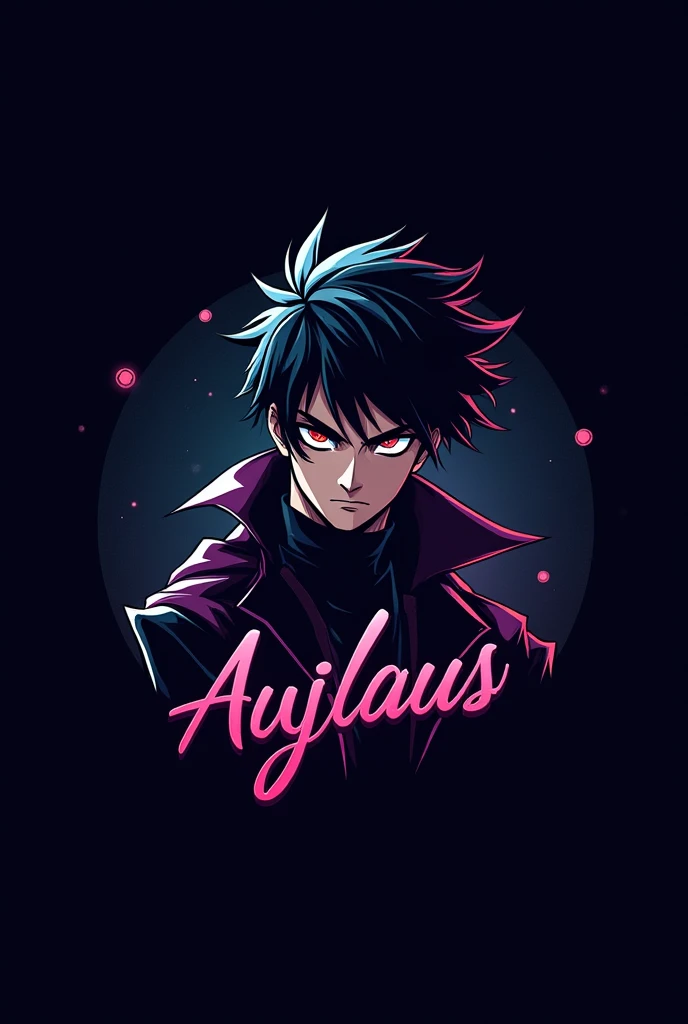 Design a striking and dark-themed logo for an Instagram page dedicated to sharing anime wallpaper videos. The logo should feature a stylish and bold anime boy character with a strong, masculine appearance. Incorporate a dark color palette with shades of bl...