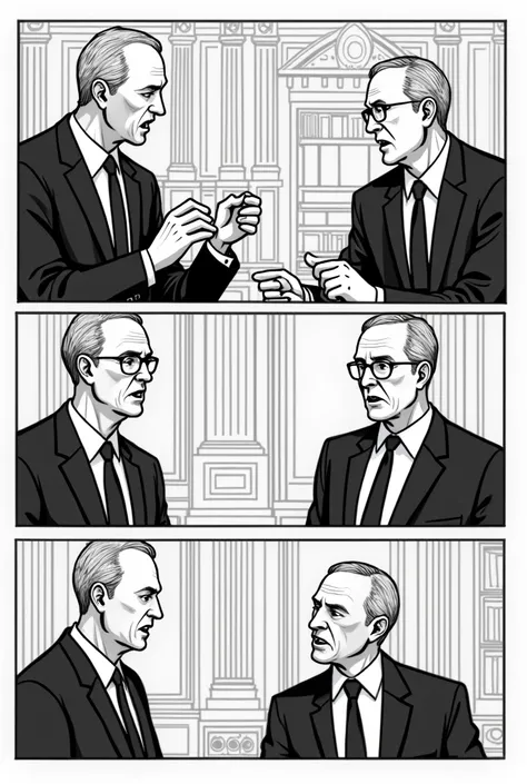 two politicians talking 6 comics without conversation in the balloons with 6 parts
