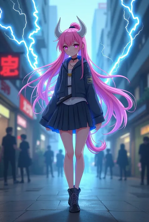 Create a femboy character with long pink hair tied in an anime ponytail with white demon horns on his head while lightning bolts come out of his hair as he walks down the street