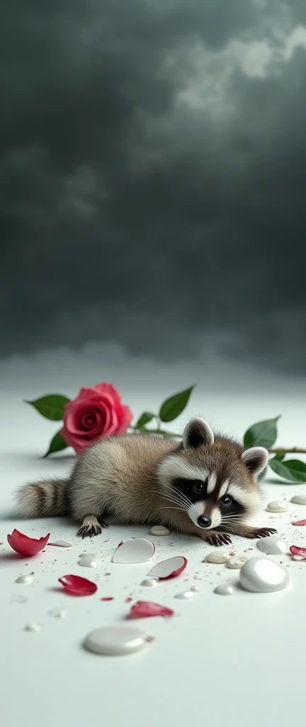 A photo of a realistic baby raccoon with extra fluffy fur, lying shattered on a pristine white background. The raccoons porcelain body is broken into pieces, symbolizing the broken innocence of youth. The atmosphere is haunting and somber, with a single ro...