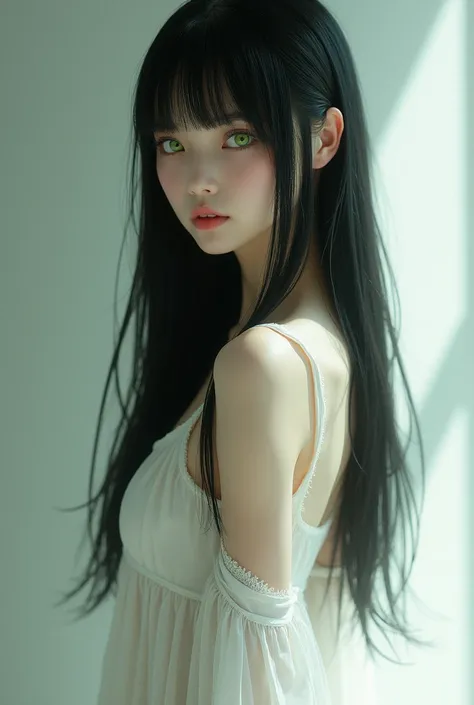 A girl with straight black hair and mysterious green eyes. showing the whole body