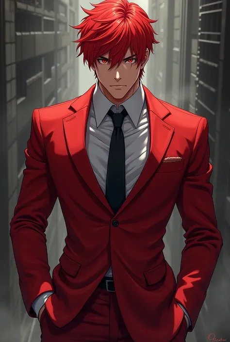 Male character in anime style with red hair and red suit with an imposing look 