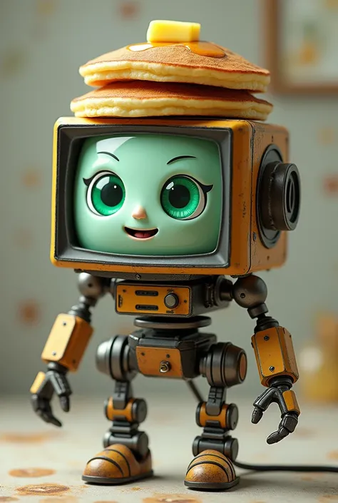 A robot with a television head and a tail with a connector and two pancakes on top of its head with butter and green eyes