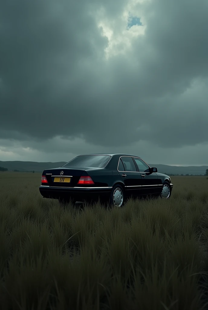 Black mercedes w140 s600 75% arkası, ucsuz bucaksiz long grass, kotu siyah bulutlu hava, long grass