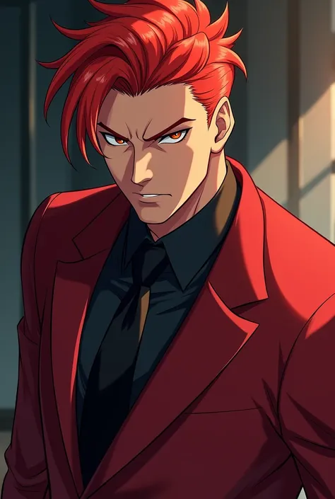 Male character in anime style with red hair and red suit with an imposing look 