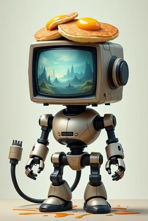 A robot with a television head and a tail with a connector and two pancakes on top of its head with butter 