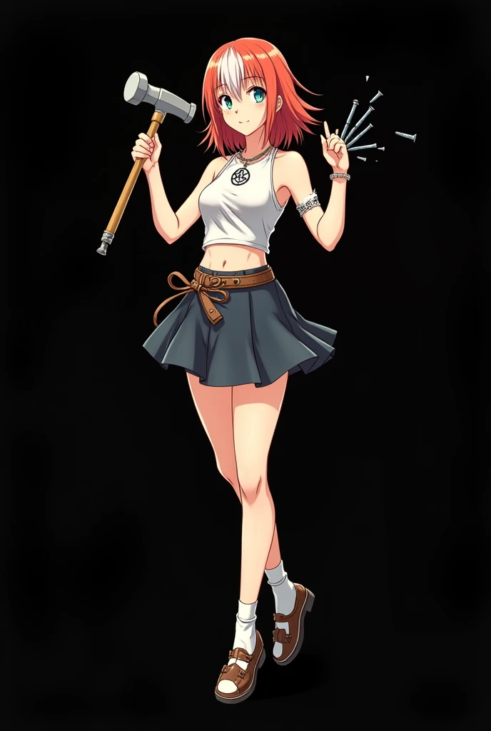 A full body image of an 1 girl named Hana Watanabe, personagem do anime "dragonball z", she is very beautiful, with medium length straight fire-colored hair with two white highlights in the front, framing your face. She has blue-green eyes and pale skin.. ...