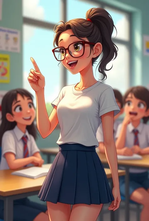 A town young big girl wearing specs and tied hair in a ponytail wearing white tshirt and blue mini skirt. She talkes her classmates in class