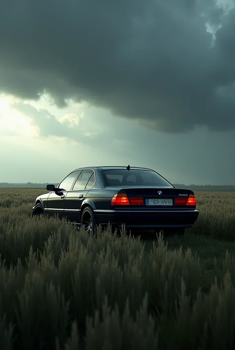 Black bmw 7 series e38 75% arkası, ucsuz bucaksiz long grass, kotu siyah bulutlu hava, long grass