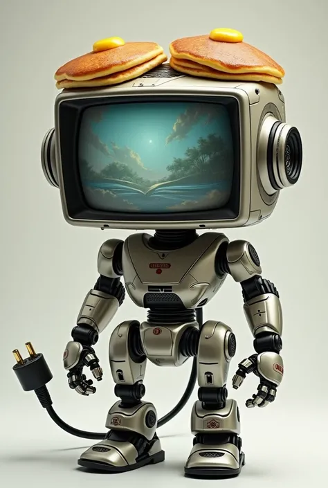 A robot with a television head and a tail with a connector and two pancakes on top of its head with butter 