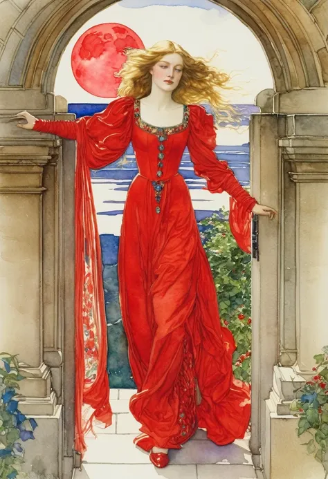 Lady in red, fairytale full moon ((style Eleanor Fortescue-Brickdale)), ((Watercolor painting)), Very colorful, highest detail, ((masterpiece)), Complex Key, ((single shot)), impression, highest detail, perspective, 8k