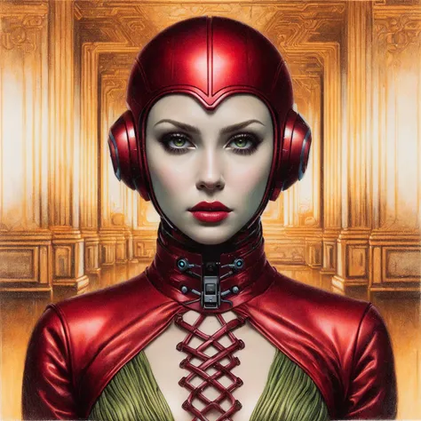 A close-up of a woman wearing a red helmet and headphones, artgerm julie bell beeple, Portrait of a science fiction woman, retrofuturistic female android, 8 0s style tomasz alen kopera, portrait of a cyborg queen, Portrait of a female android, inspired by ...