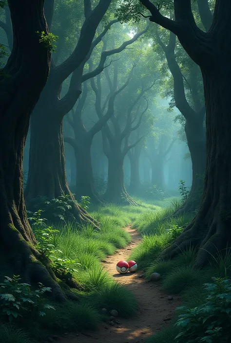 Realistic dark forest with grassy paths and places with tall grass where Pokeballs lie 