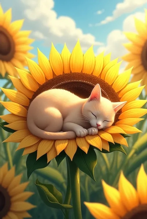 cat resting on a sunflower