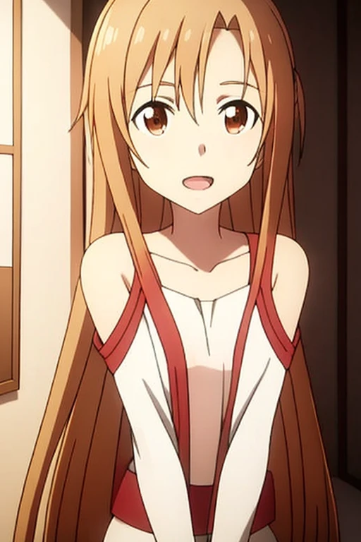 ((Highest quality)), ((masterpiece)), (be familiar with), Perfect Face, indoor, Bedroom, Watching the audience,
One woman, Yuuki Asuna,
Open Mouth, Ecstatic expression, blush, smile,
Small breasts, Flat Chest, , , child, Girl,
Long Hair, Long Hair,
Fully n...