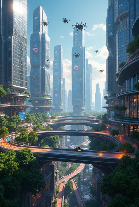 Aerial view of a futuristic city with sleek, towering skyscrapers made of glass and metal, interconnected by sky bridges and illuminated by neon lights. The cityscape features advanced transportation systems, including flying cars and high-speed trains on ...