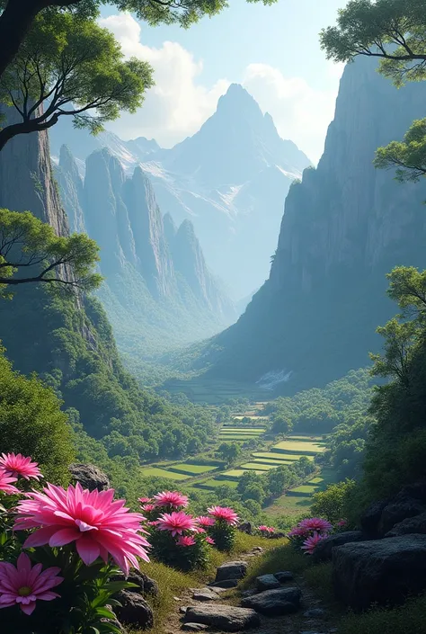 Create a hyper-realistic image of a grand natural environment. The setting should include a dense, shady forest, surrounded by rocks and imposing mountains. Add areas of farmland and colorful flowers, with emphasis on vibrant pink flowers scattered around,...