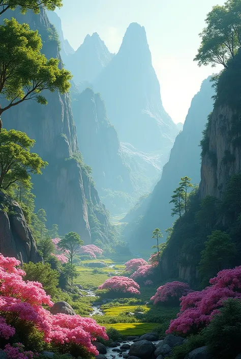 Create a hyper-realistic image of a grand natural environment. The setting should include a dense, shady forest, surrounded by rocks and imposing mountains. Add areas of farmland and colorful flowers, with emphasis on vibrant pink flowers scattered around,...