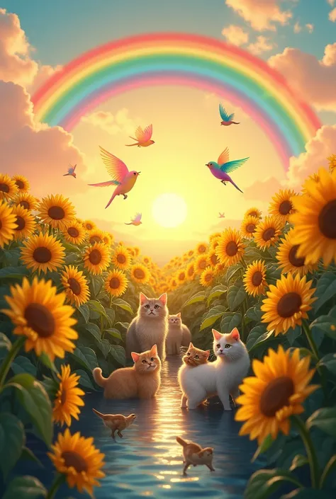 sunflower field with cats and birds on a sunset with rainbow behind them