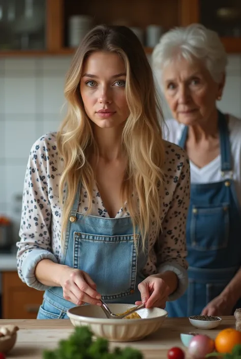 Create a realistic image of a 20 year old woman, long blond hair, blue eyes, cheekbones, ((full body)),
Is cooking, next to her an older person who is her mother, does not look at the camera, background image: a kitchen, head to toe, full body, hyper reali...