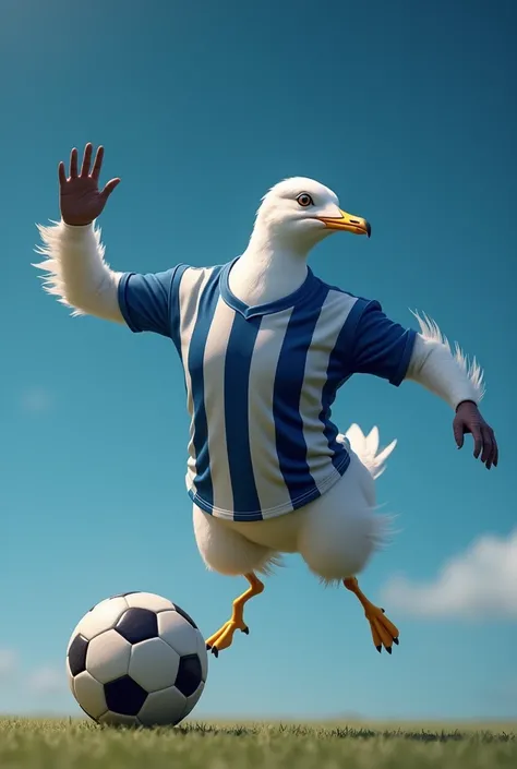 White seagull in dark blue and white striped football shirt playing football 