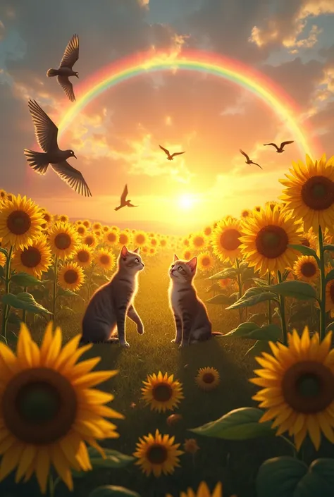 sunflower field with cats and birds on a sunset with rainbow behind them but realistic looking