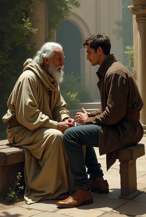 Image of an old priest talking to a rich young man,  they are both sitting on a bench