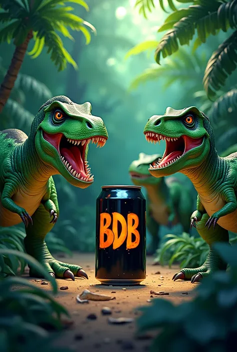 Plusieurs t-rex dans la jungle, ils sont verts, caché dans le feuillage, ils regarde fixement une canette noir avec ecris BDB dessus en orange, la canette est posée sur une pierre en premier plan et brille, ils bavent en la regardant pret a l’attaquer, les...