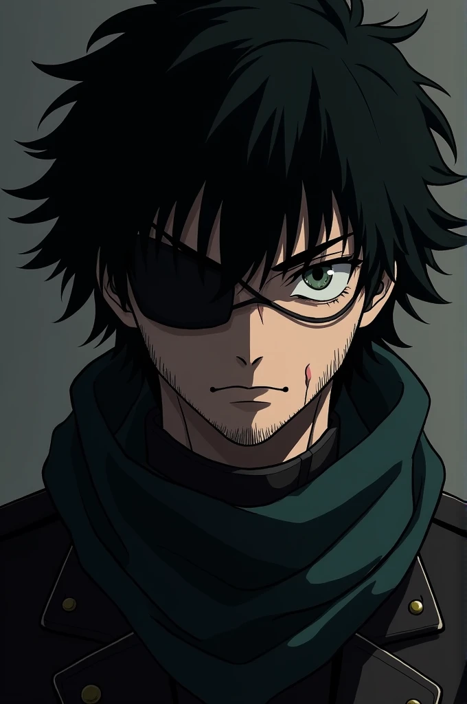 A man, Aizawa Shouta from My hero academia, slightly long hair, black eyes, a tired look, an eye patch over his right eye and a scar under it, a scarf, black clothes and a little beard. 